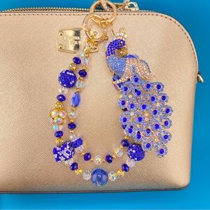 🦚Luxury Bag/Phone Chain Charm/Keychain Blue Rhinestone PEACOCK Crystal Beads